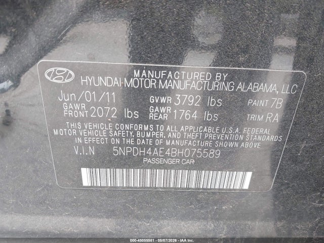 2011 Hyundai Elantra Limited მანქანა იყიდება აუქციონზე, vin: 5NPDH4AE4BH075589, აუქციონის ნომერი: 45055581