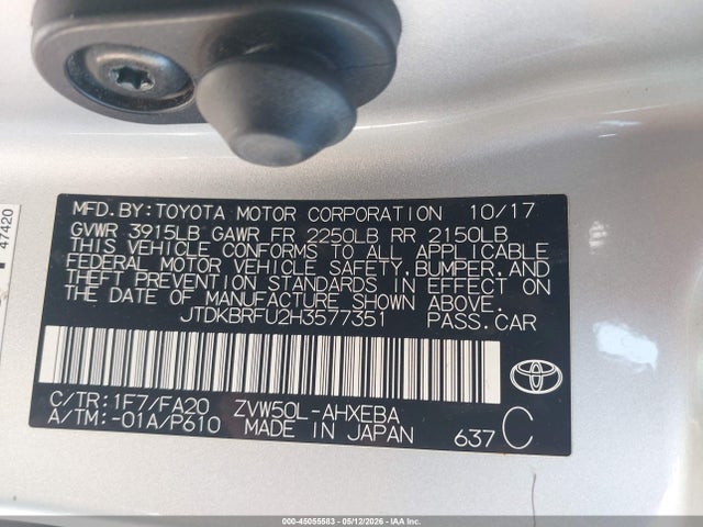 Aukcja sprzedaży 2017 Toyota Prius Two, vin: JTDKBRFU2H3577351, numer aukcji: 45055583
