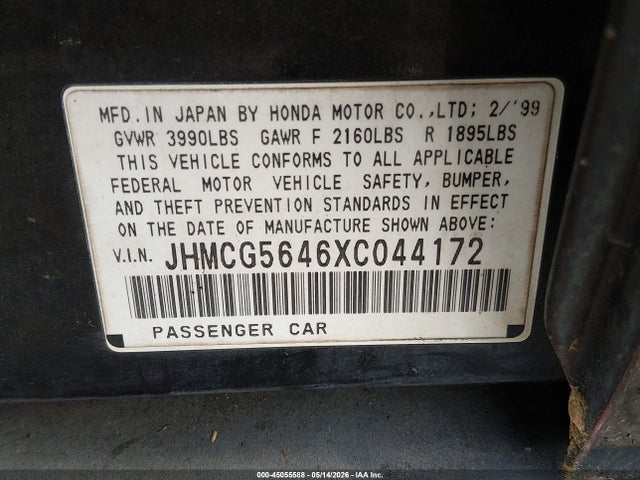 1999 Honda Accord Lx მანქანა იყიდება აუქციონზე, vin: JHMCG5646XC044172, აუქციონის ნომერი: 45055588