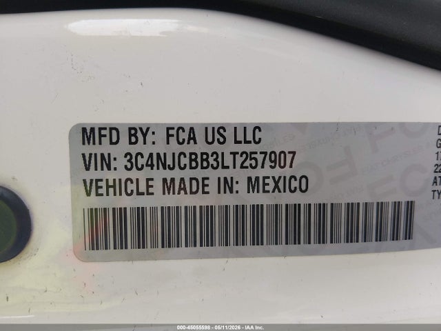 45055598 :رقم المزاد ، 3C4NJCBB3LT257907 vin ، 2020 Jeep Compass Latitude Fwd مزاد بيع