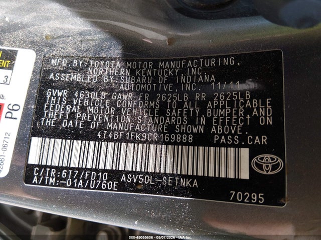 45055606 :رقم المزاد ، 4T4BF1FK9CR169888 vin ، 2012 Toyota Camry Le مزاد بيع