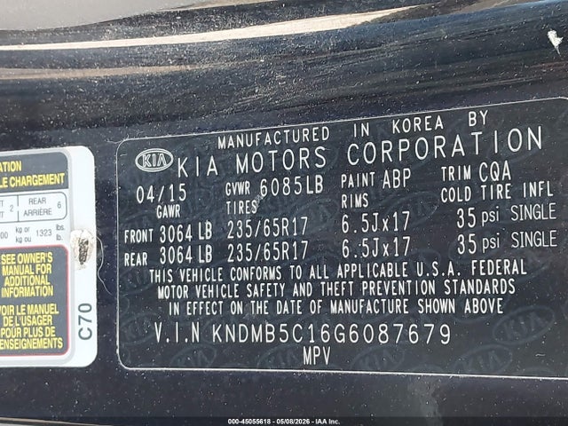 Продаж на аукціоні авто 2016 Kia Sedona Lx, vin: KNDMB5C16G6087679, номер лоту: 45055618