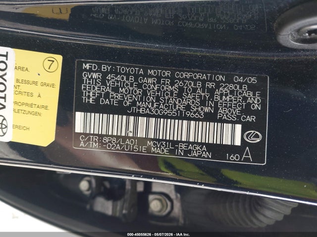 Aukcja sprzedaży 2005 Lexus Es 330, vin: JTHBA30G955119663, numer aukcji: 45055626