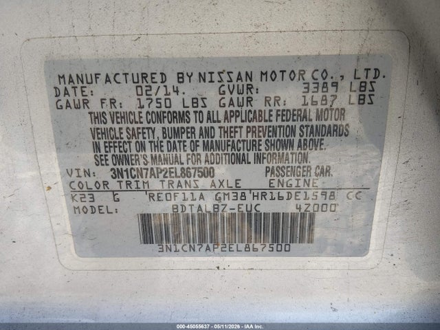 Aukcja sprzedaży 2014 Nissan Versa 1.6 S/1.6 S+/1.6 Sl/1.6 Sv, vin: 3N1CN7AP2EL867500, numer aukcji: 45055637