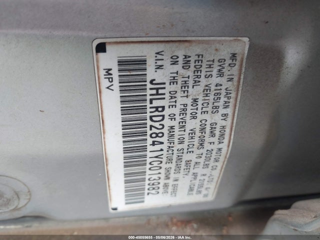 45055655 :رقم المزاد ، JHLRD2841YC013982 vin ، 2000 Honda Cr-v Lx مزاد بيع