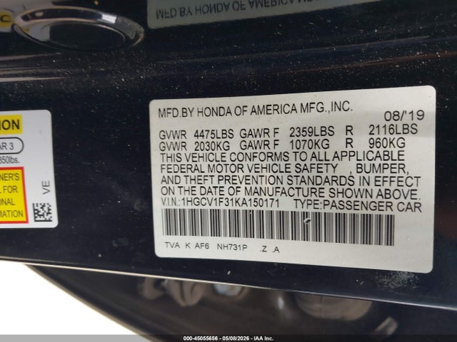 Aukcja sprzedaży 2019 Honda Accord Sport, vin: 1HGCV1F31KA150171, numer aukcji: 45055656