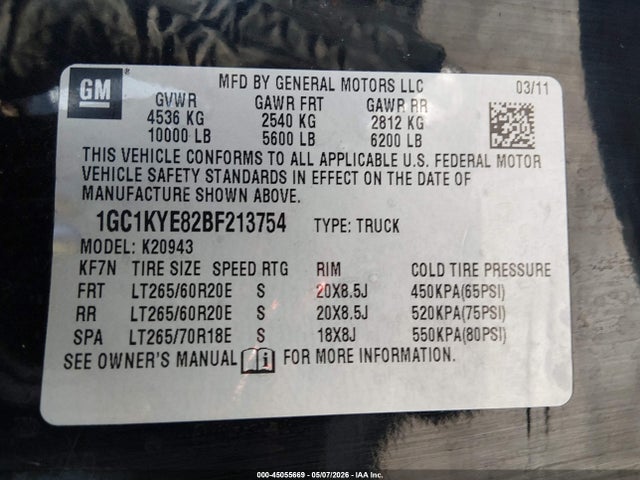 Aukcja sprzedaży 2011 Chevrolet Silverado 2500hd Ltz, vin: 1GC1KYE82BF213754, numer aukcji: 45055669