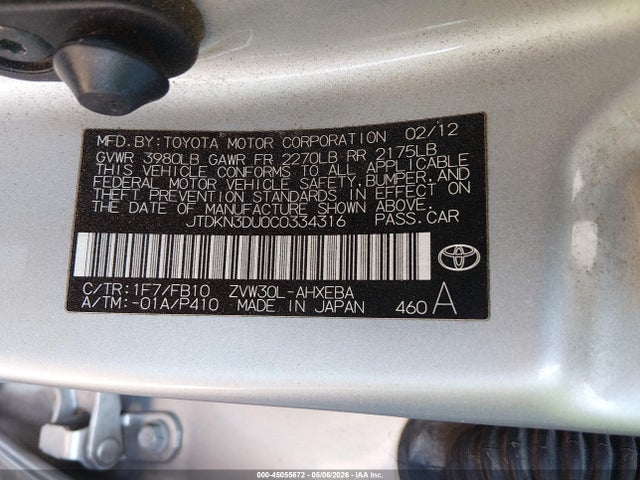 45055672 :رقم المزاد ، JTDKN3DU0C0334316 vin ، 2012 Toyota Prius Two مزاد بيع