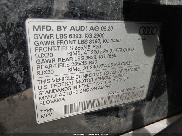 Aukcja sprzedaży 2021 Audi Q7 Premium Plus 45 Tfsi Quattro Tiptronic, vin: WA1LJAF70MD010461, numer aukcji: 45055673