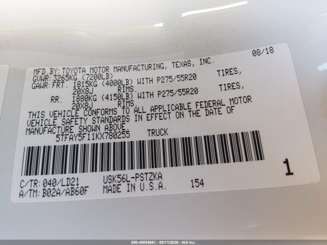 5TFAY5F11KX780255 Toyota Tundra 1794 5.7l V8