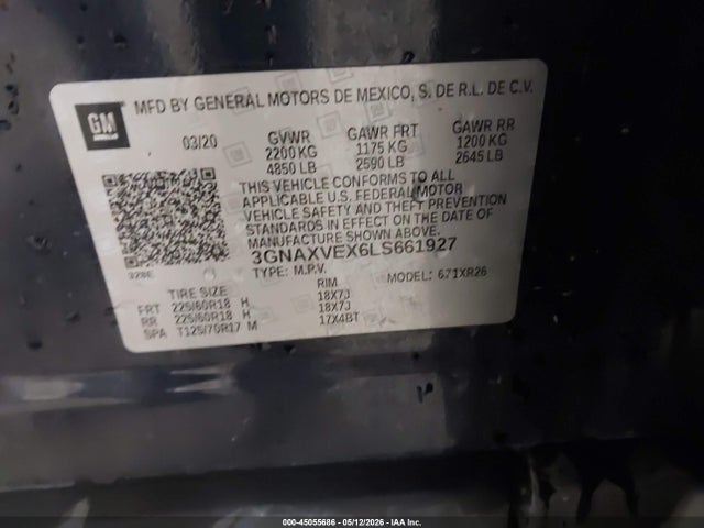 Продаж на аукціоні авто 2020 Chevrolet Equinox Awd Lt 2.0l Turbo, vin: 3GNAXVEX6LS661927, номер лоту: 45055686