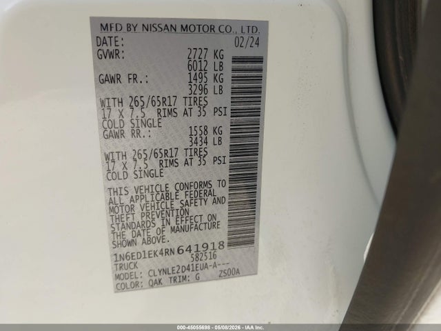 2024 Nissan Frontier Sl 4x4 მანქანა იყიდება აუქციონზე, vin: 1N6ED1EK4RN641918, აუქციონის ნომერი: 45055698