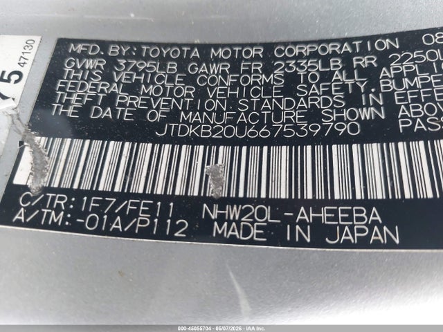 Продажа на аукционе авто 2006 Toyota Prius, vin: JTDKB20U667539790, номер лота: 45055704