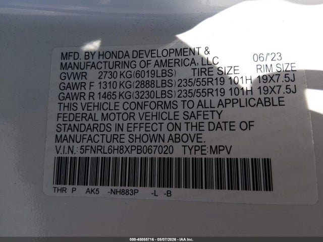5FNRL6H8XPB067020 Honda Odyssey Touring