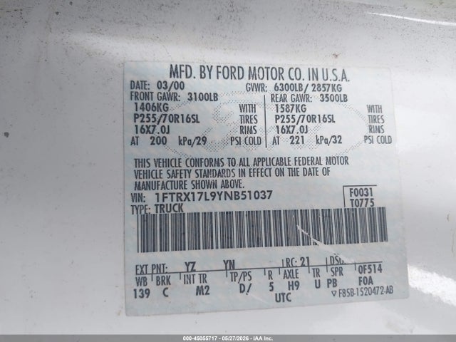 Продажа на аукционе авто 2000 Ford F-150 Lariat/work Series/xl/xlt, vin: 1FTRX17L9YNB51037, номер лота: 45055717