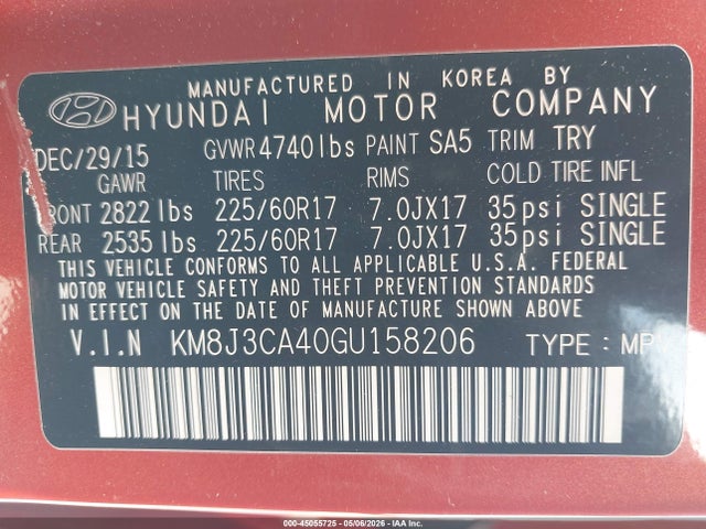 Продажа на аукционе авто 2016 Hyundai Tucson Se, vin: KM8J3CA40GU158206, номер лота: 45055725