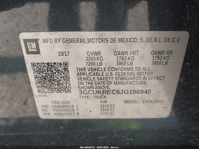 Продаж на аукціоні авто 2018 Chevrolet Silverado 1500 2lt, vin: 3GCUKREC5JG196940, номер лоту: 45055727