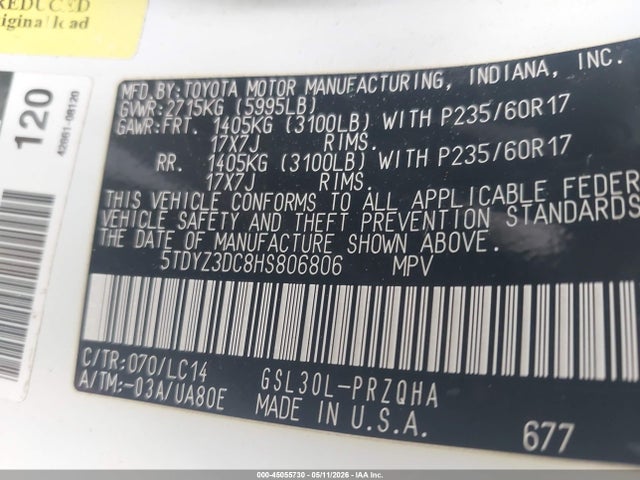 5TDYZ3DC8HS806806 Toyota Sienna Xle 8 Passenger