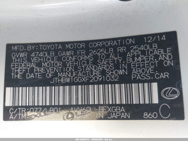 JTHBW1GGXF2091032 Lexus ES 300H