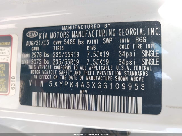 Aukcja sprzedaży 2016 Kia Sorento 3.3l Sx, vin: 5XYPK4A5XGG109953, numer aukcji: 45055737