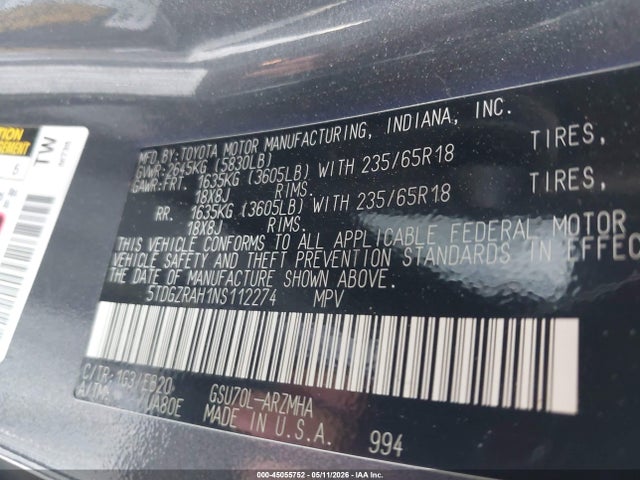 Продаж на аукціоні авто 2022 Toyota Highlander Xle, vin: 5TDGZRAH1NS112274, номер лоту: 45055752