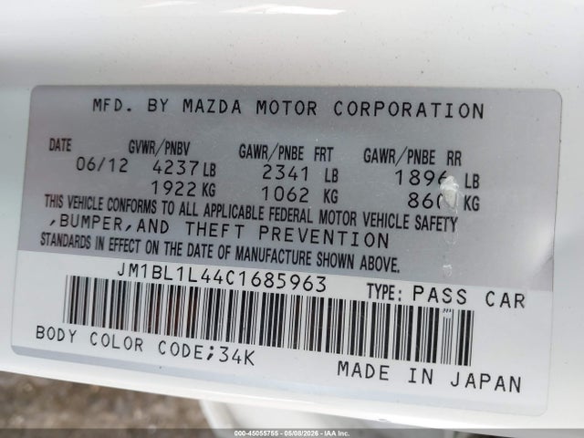 Продаж на аукціоні авто 2012 Mazda Mazdaspeed3 Touring, vin: JM1BL1L44C1685963, номер лоту: 45055755