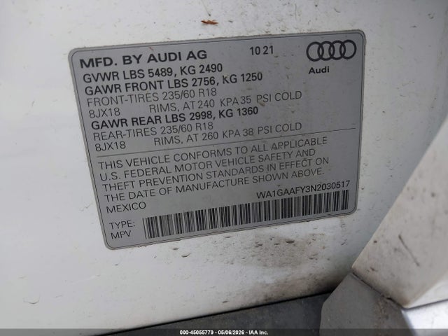 Продаж на аукціоні авто 2022 Audi Q5 Premium 45 Tfsi S Line Quattro S Tronic, vin: WA1GAAFY3N2030517, номер лоту: 45055779