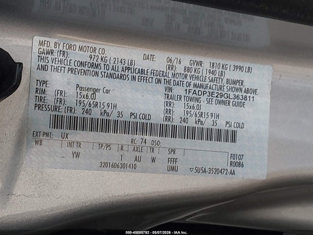 Продаж на аукціоні авто 2016 Ford Focus S, vin: 1FADP3E29GL363811, номер лоту: 45055792