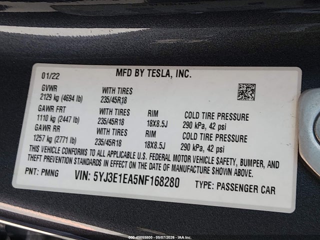 Aukcja sprzedaży 2022 Tesla Model 3 Rear-wheel Drive, vin: 5YJ3E1EA5NF168280, numer aukcji: 45055800