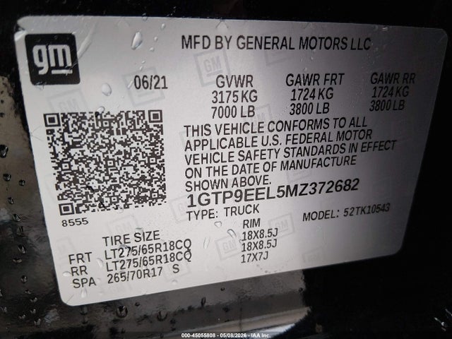 Aukcja sprzedaży 2021 Gmc Sierra 1500 4wd  Short Box At4, vin: 1GTP9EEL5MZ372682, numer aukcji: 45055808