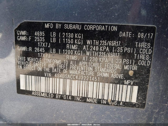 45055811 :رقم المزاد ، 4S4BSACC4J3221451 vin ، 2018 Subaru Outback 2.5i Premium مزاد بيع