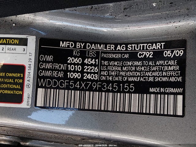 Auction sale of the 2009 Mercedes-benz C 300 Sport, vin: WDDGF54X79F345155, lot number: 45055815