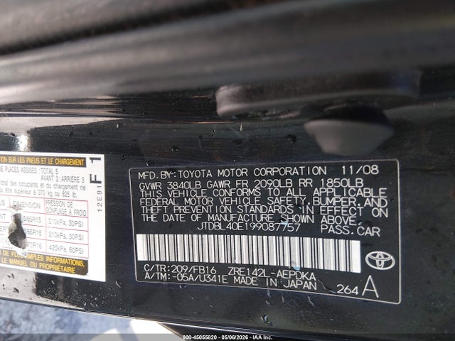 2009 Toyota Corolla Le მანქანა იყიდება აუქციონზე, vin: JTDBL40E199087757, აუქციონის ნომერი: 45055820