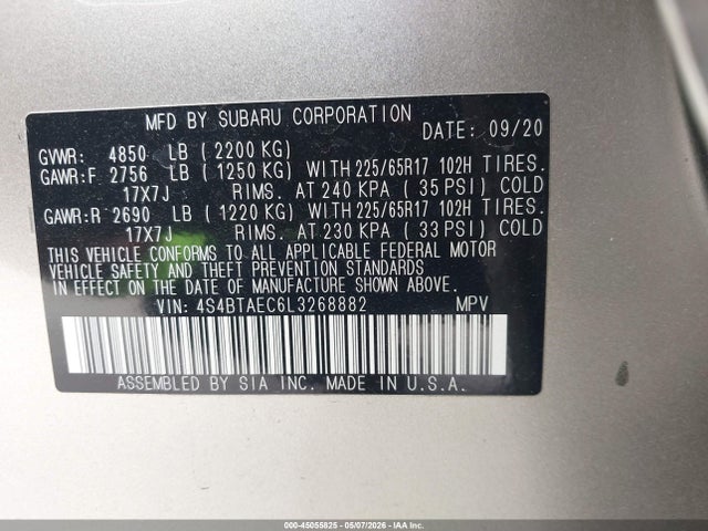 Aukcja sprzedaży 2020 Subaru Outback Premium, vin: 4S4BTAEC6L3268882, numer aukcji: 45055825