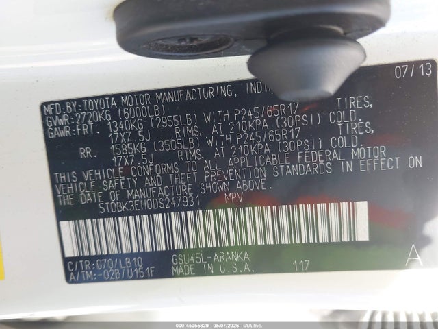 2013 Toyota Highlander Se V6 მანქანა იყიდება აუქციონზე, vin: 5TDBK3EH0DS247931, აუქციონის ნომერი: 45055829