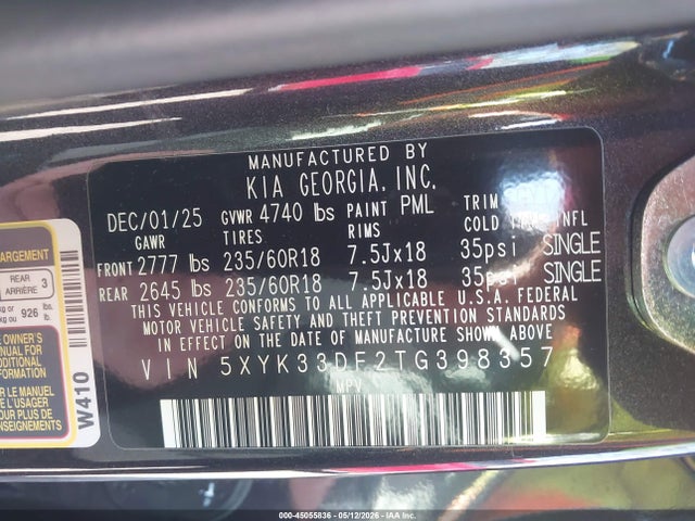 Продажа на аукционе авто 2026 Kia Sportage Ex, vin: 5XYK33DF2TG398357, номер лота: 45055836