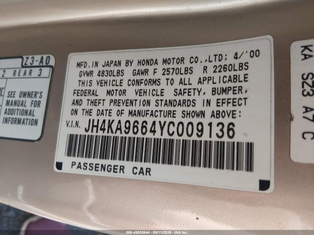 Aukcja sprzedaży 2000 Acura Rl 3.5, vin: JH4KA9664YC009136, numer aukcji: 45055844