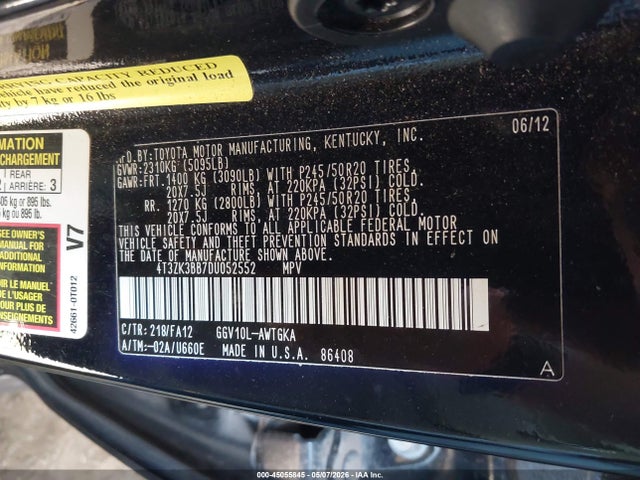 Aukcja sprzedaży 2013 Toyota Venza Le V6, vin: 4T3ZK3BB7DU052552, numer aukcji: 45055845