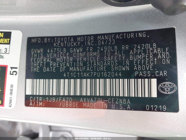 2023 Toyota Camry Le მანქანა იყიდება აუქციონზე, vin: 4T1C11AK7PU162044, აუქციონის ნომერი: 45055862