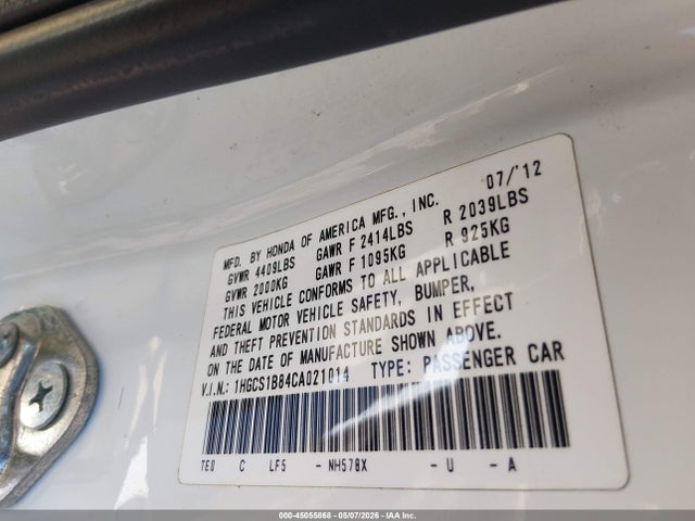 45055868 :رقم المزاد ، 1HGCS1B84CA021014 vin ، 2012 Honda Accord 2.4 Ex-l مزاد بيع