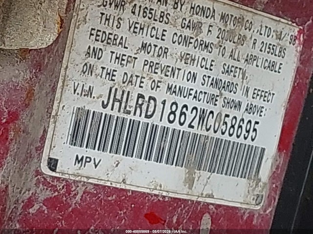45055869 :رقم المزاد ، JHLRD1862WC058695 vin ، 1998 Honda Cr-v Ex مزاد بيع