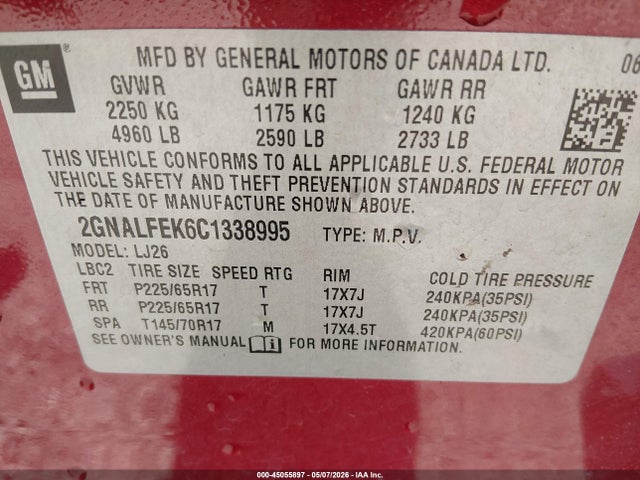Auction sale of the 2012 Chevrolet Equinox Ltz, vin: 2GNALFEK6C1338995, lot number: 45055897