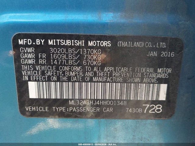 Aukcja sprzedaży 2017 Mitsubishi Mirage Es, vin: ML32A3HJ4HH001348, numer aukcji: 45055913