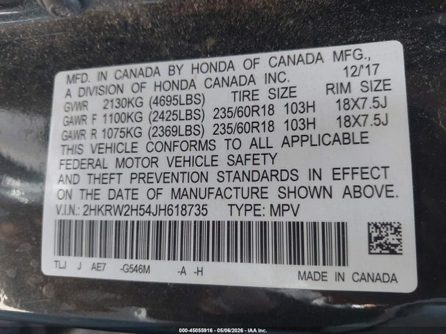 2018 Honda Cr-v Ex მანქანა იყიდება აუქციონზე, vin: 2HKRW2H54JH618735, აუქციონის ნომერი: 45055916