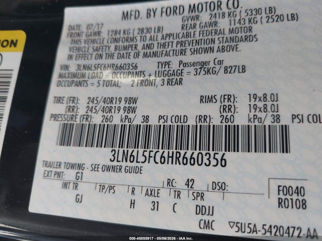 3LN6L5FC6HR660356 Lincoln Mkz Reserve