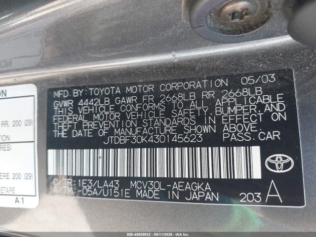 Aukcja sprzedaży 2003 Toyota Camry Xle V6, vin: JTDBF30K430145623, numer aukcji: 45055922