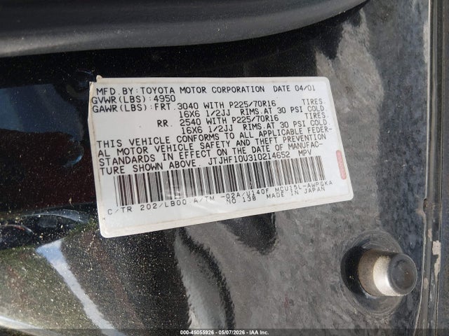 45055926 :رقم المزاد ، JTJHF10U310214652 vin ، 2001 Lexus Rx 300 مزاد بيع