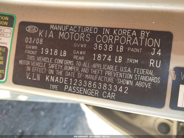 Продажа на аукционе авто 2008 Kia Rio Lx, vin: KNADE123386383342, номер лота: 45055929