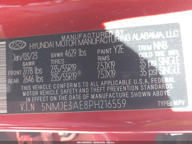 Aukcja sprzedaży 2023 Hyundai Tucson Limited, vin: 5NMJE3AE8PH216559, numer aukcji: 45055935