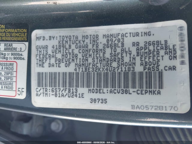 45055960 :رقم المزاد ، 4T1BE32KX4U271183 vin ، 2004 Toyota Camry Le مزاد بيع